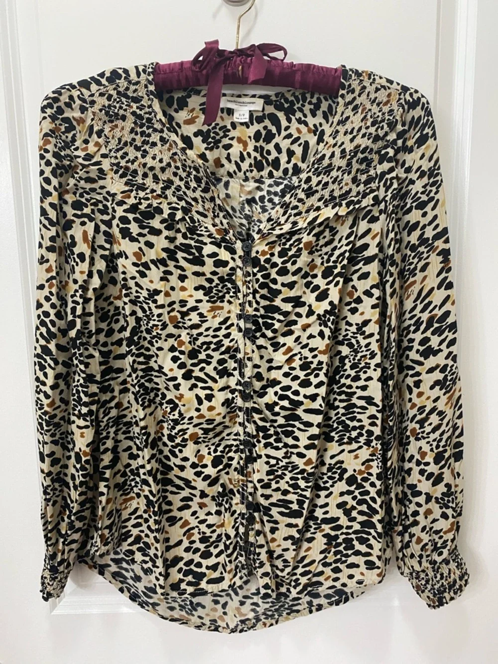 beachlunchlounge Cream Animal Print Smocked Button-Down Blouse - Picture 1 of 4